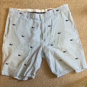 Vineyard Vines Blue Gingham Shorts with Whale Pattern
